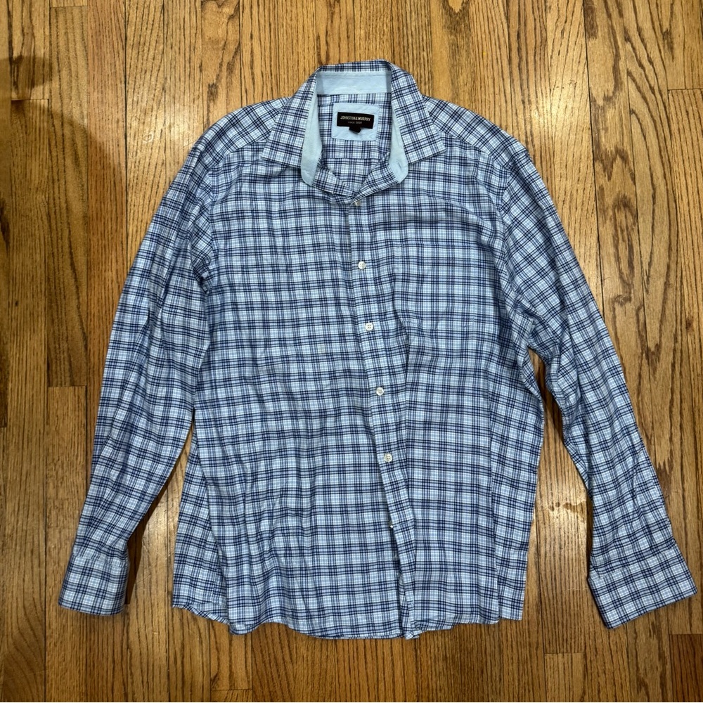 Johnston & Murphy Blue Plaid Button Down Shirt XL